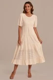 Women Dress Shop 11 Hollow Short Sleeve Round Neck Tiered Cotton Maxi Dress