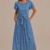 Blue Floral Short Sleeve Round Neck Midi Dress -Women Dress Shop 2051901 1