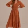 Rust Long Puff Sleeve V Neck Smocked Tiered Midi Dress -Women Dress Shop 2070703 1