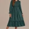 Green Long Sleeve High Neck Polka Dot Midi Dress -Women Dress Shop 2110405 1