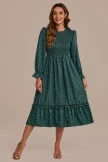 Green Long Sleeve High Neck Polka Dot Midi Dress