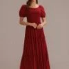 Red Short Puff Sleeve Round Neck Smocked Tiered Midi Dress -Women Dress Shop 22071308 1