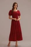 Red Short Puff Sleeve Round Neck Smocked Tiered Midi Dress