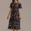 Black Short Ruffle Sleeve Round Neck Midi Dress -Women Dress Shop 22081104 1