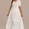 White Short Sleeve V Neck Cotton Maxi Dress With Zipper Back