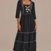 Black Floral 3/4 Length Sleeve Square Neck Maxi Dress
