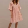Blush 3/4 Length Bell Sleeve V Neck Gathered Waist Cotton Midi Dress -Women Dress Shop 7e1a0198