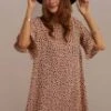 Brown Half Ruffle Sleeve Round Neck Natural Mini Dress -Women Dress Shop 7e1a0322