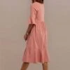 3/4 Length Bell Sleeve Round Neck Summer Midi Mom Dress With Pocket