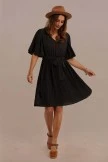 Black Half Bell Sleeve V Neck Tie Waist Pleated Midi Dress