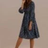 Blue 3/4 Length Sleeve Round Neck Natural Floral Midi Dress -Women Dress Shop 7e1a2172