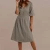 3/4 Length Ruffle Sleeve V Neck Elastic Waist Button Midi Dress