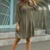 Green 3/4 Length Raglan Bishop Sleeve Round Neck Midi Dress -Women Dress Shop brl014 1