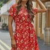 Rust Short Sleeve Round Neck Rayon Floral Midi Dress -Women Dress Shop brl055 1