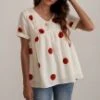 Ivory Short Sleeve V Neck Rust Polka Dots Blouse