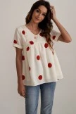 Ivory Short Sleeve V Neck Rust Polka Dots Blouse