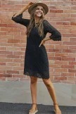 Black 3/4 Sleeve Length Round Neck Lace Vintage Midi Dress