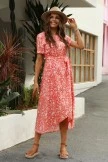 Orange-Red Short Sleeve Round Neck Floral Maxi Dress