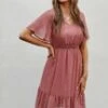 Salmon Short Sleeve V Neck Embroidered Mini Dress -Women Dress Shop brl181 2
