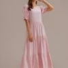Pink Short Ruffle Sleeve Round Neck Tiered Midi Dress -Women Dress Shop brl2042702 1