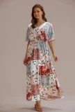 Contrast Floral Half Sleeve V Neck Elastic Waist Maxi Dress