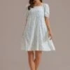 White Floral Short Puff Sleeve Square Neck Mini Dress -Women Dress Shop brl292 1 1