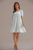 White Floral Short Puff Sleeve Square Neck Mini Dress
