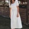 White Short Puff Sleeve Square Neck Shirring Maxi Dress -Women Dress Shop brl297 1