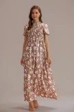 Camel Floral Print Shirring Short Sleeve High Neck Maxi Dress