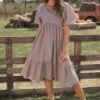Dusty Mauve Short Loose Sleeve V Neck Shirring Midi Dress -Women Dress Shop brl309 1