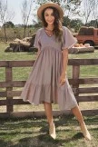 Dusty Mauve Short Loose Sleeve V Neck Shirring Midi Dress