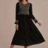 Black Long Sleeve Round Neck Stripe Shirring Midi Dress -Women Dress Shop brl318 5 1