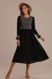 Black Long Sleeve Round Neck Stripe Shirring Midi Dress