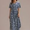 Blue Floral Short Sleeve V Neck Function Buttons Midi Dress -Women Dress Shop brl320 1 1