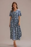 Blue Floral Short Sleeve V Neck Function Buttons Midi Dress