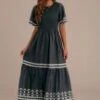 Black Short Sleeve Round Neck Elastic Waist Smocked Maxi Dress -Women Dress Shop brld0050 1