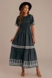 Black Short Sleeve Round Neck Elastic Waist Smocked Maxi Dress