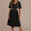 Black Short Sleeve V Neck Button Down Embroidery Midi Dress -Women Dress Shop brld0068 1 1