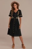 Black Short Sleeve V Neck Button Down Embroidery Midi Dress