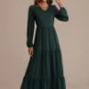 Long Sleeve V Neck Tiered Solid Maxi Dress -Women Dress Shop brld0918055 6