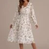 White Floral Printed Long Sleeve V Neck Holiday Midi Dress -Women Dress Shop brld1013002 3