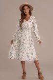 White Floral Printed Long Sleeve V Neck Holiday Midi Dress