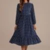Blue Long Sleeve Round Neck Polka Dot Midi Dress -Women Dress Shop brld1101014 5