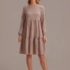 Solid Color Long Sleeve Round Neck High Waist Mini Dress