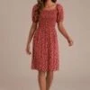Red Floral Short Puff Sleeve Square Neck Smocked Midi Dress