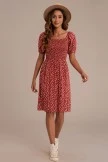 Red Floral Short Puff Sleeve Square Neck Smocked Midi Dress