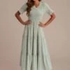 Green Floral Short Sleeve Ruffle Round Neck Smocked Tiered Maxi Dress -Women Dress Shop brld122807 1