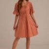 Dark Salmon Ruffle Sleeve Round Neck Mom Midi Dress -Women Dress Shop brld122808 01 1