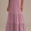 Solid Elegant Elastic Waist Tiered Maxi Skirt -Women Dress Shop brld2050503 1