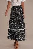 Black Floral Elastic Waist Tiered Maxi Skirt